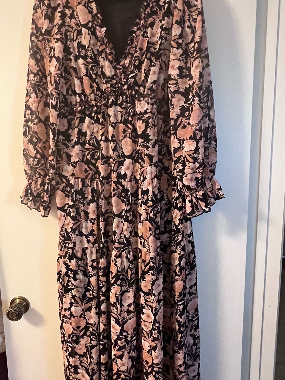 Floral Boho Maxi Dress in Blush Pink & Black
